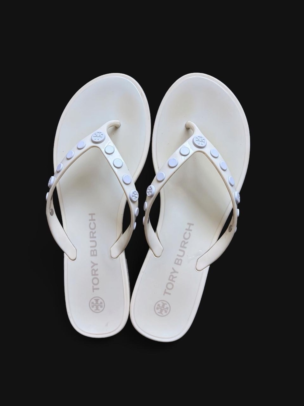 Tory Burch Women's Cream Flip Flop Sandals with White Logo Studs